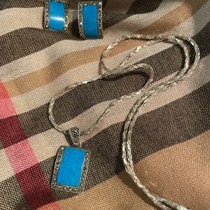 Three piece  necklace and earringsTurquoise and sterling silver. W marcasite